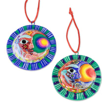 Load image into Gallery viewer, Crescent Moon Eclipse Ceramic Ornaments (Pair) - Eclipse of the Sun | NOVICA