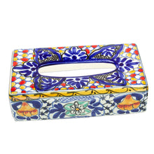 Load image into Gallery viewer, Colorful Ceramic Tissue Box Cover - Cobalt Flowers | NOVICA