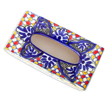 Load image into Gallery viewer, Colorful Ceramic Tissue Box Cover - Cobalt Flowers | NOVICA