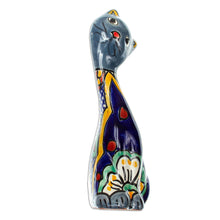 Load image into Gallery viewer, Hand Painted Floral Ceramic Cat Statuette - Blue Talavera Cat | NOVICA