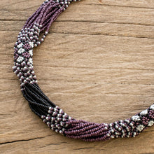Load image into Gallery viewer, Purple and Black Long Beaded Necklace - Black and Plum Harmony | NOVICA