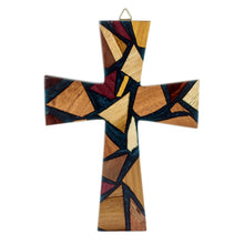 Load image into Gallery viewer, Reclaimed Wood and Resin Wall Cross - Faith and Hope in Teal | NOVICA