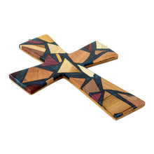 Load image into Gallery viewer, Reclaimed Wood and Resin Wall Cross - Faith and Hope in Teal | NOVICA