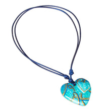 Load image into Gallery viewer, Golden Accent Aqua Papier Mache Heart Necklace - Hearts Together | NOVICA