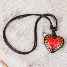 Load image into Gallery viewer, Papier Mache Adjustable Red Heart Golden Trim Necklace - Gold Kissed Heart | NOVICA