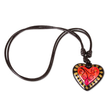 Load image into Gallery viewer, Papier Mache Adjustable Red Heart Golden Trim Necklace - Gold Kissed Heart | NOVICA