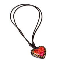 Load image into Gallery viewer, Papier Mache Adjustable Red Heart Golden Trim Necklace - Gold Kissed Heart | NOVICA
