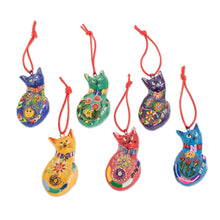 Load image into Gallery viewer, Set of 6 Terracotta Hanging Cat Ornaments From Guatemala - Rainbow Cats | NOVICA