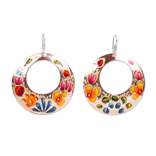 Load image into Gallery viewer, Reclaimed Copper Hand Painted Dangle Earrings from Mexico - Floral Wreath | NOVICA