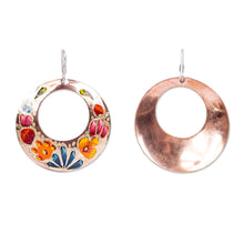 Load image into Gallery viewer, Reclaimed Copper Hand Painted Dangle Earrings from Mexico - Floral Wreath | NOVICA