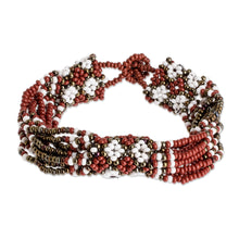 Load image into Gallery viewer, Hand Beaded Wristband Bracelet - Flower Harmony in Brick | NOVICA