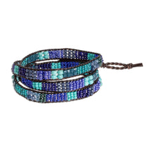 Load image into Gallery viewer, Blue and Sea Green Beaded Bracelet with Leather Trim - Leather-Bound Sea | NOVICA