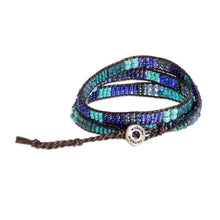 Load image into Gallery viewer, Blue and Sea Green Beaded Bracelet with Leather Trim - Leather-Bound Sea | NOVICA