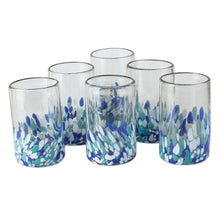 Load image into Gallery viewer, Blue and White Spotted Glass Tumblers from Mexico (Set of 6) - Blown Blue | NOVICA