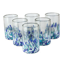 Load image into Gallery viewer, Blue and White Spotted Glass Tumblers from Mexico (Set of 6) - Blown Blue | NOVICA