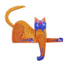 Load image into Gallery viewer, Blue and Gold Copal Wood Cat Alebrije from Oaxaca - My Domain in Gold | NOVICA