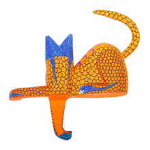 Load image into Gallery viewer, Blue and Gold Copal Wood Cat Alebrije from Oaxaca - My Domain in Gold | NOVICA