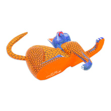 Load image into Gallery viewer, Blue and Gold Copal Wood Cat Alebrije from Oaxaca - My Domain in Gold | NOVICA