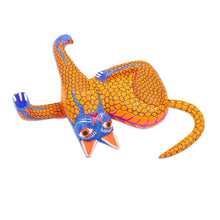 Load image into Gallery viewer, Blue and Gold Copal Wood Cat Alebrije from Oaxaca - My Domain in Gold | NOVICA