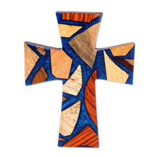 Load image into Gallery viewer, Reclaimed Wood Wall Cross in Natural Colors and Blue Resin - Heaven's Faith | NOVICA