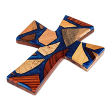 Load image into Gallery viewer, Reclaimed Wood Wall Cross in Natural Colors and Blue Resin - Heaven's Faith | NOVICA