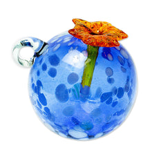 Load image into Gallery viewer, Blue and Orange Blown Glass Hummingbird Feeder - Blueberry Blossom | NOVICA