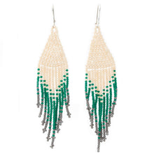 Load image into Gallery viewer, Beige and Green Glass Beaded Waterfall Earrings - Falling Emeralds | NOVICA