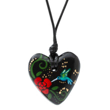 Load image into Gallery viewer, Hand Painted Heart Shaped Hummingbird Pendant Necklace - Night Hummingbird Heart | NOVICA