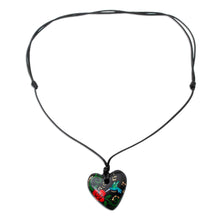 Load image into Gallery viewer, Hand Painted Heart Shaped Hummingbird Pendant Necklace - Night Hummingbird Heart | NOVICA