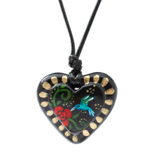 Load image into Gallery viewer, Hand Painted Heart Shaped Hummingbird Pendant Necklace - Golden Night Hummingbird | NOVICA