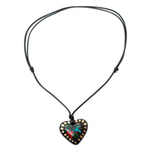 Load image into Gallery viewer, Hand Painted Heart Shaped Hummingbird Pendant Necklace - Golden Night Hummingbird | NOVICA