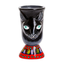 Load image into Gallery viewer, Hand-Painted Ceramic Flower Pot - Top Cat in Black | NOVICA