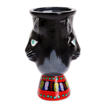 Load image into Gallery viewer, Hand-Painted Ceramic Flower Pot - Top Cat in Black | NOVICA