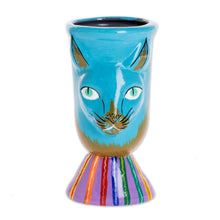 Load image into Gallery viewer, Small Handcrafted Ceramic Plant Pot - Top Cat in Turquoise | NOVICA