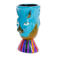 Load image into Gallery viewer, Small Handcrafted Ceramic Plant Pot - Top Cat in Turquoise | NOVICA