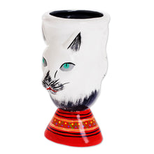 Load image into Gallery viewer, Guatemalan Ceramic Flower Pot - Top Cat in White | NOVICA
