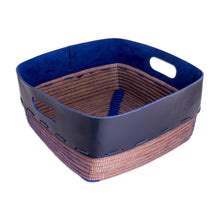 Load image into Gallery viewer, Leather and Pine Needle Decorative Basket from Nicaragua - Bold Blue Beauty | NOVICA