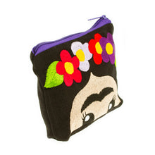 Load image into Gallery viewer, Hand Embroidered Cotton Cosmetic Bag from Mexico - Frida with Flowers | NOVICA