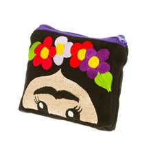 Load image into Gallery viewer, Hand Embroidered Cotton Cosmetic Bag from Mexico - Frida with Flowers | NOVICA