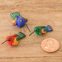 Load image into Gallery viewer, Guatemalan Set of 3 Multicolor Hummingbird Ceramic Figurines - Hummingbird Family | NOVICA