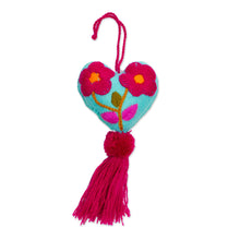 Load image into Gallery viewer, Hand-Embroidered Heart-Shaped Blue Wool Felt Ornament - Bright Floral Heart | NOVICA