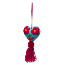 Load image into Gallery viewer, Hand-Embroidered Heart-Shaped Blue Wool Felt Ornament - Bright Floral Heart | NOVICA