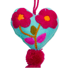 Load image into Gallery viewer, Hand-Embroidered Heart-Shaped Blue Wool Felt Ornament - Bright Floral Heart | NOVICA
