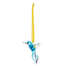 Load image into Gallery viewer, Handblown Recycled Glass Hummingbird Ornament in Cyan - Cyan Paradise Hummingbird | NOVICA