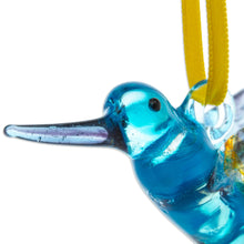 Load image into Gallery viewer, Handblown Recycled Glass Hummingbird Ornament in Cyan - Cyan Paradise Hummingbird | NOVICA