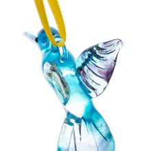 Load image into Gallery viewer, Handblown Recycled Glass Hummingbird Ornament in Cyan - Cyan Paradise Hummingbird | NOVICA