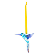 Load image into Gallery viewer, Handblown Recycled Glass Hummingbird Ornament in Sapphire - Sapphire Paradise Hummingbird | NOVICA