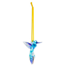 Load image into Gallery viewer, Handblown Recycled Glass Hummingbird Ornament in Sapphire - Sapphire Paradise Hummingbird | NOVICA
