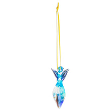 Load image into Gallery viewer, Handblown Recycled Glass Hummingbird Ornament in Sapphire - Sapphire Paradise Hummingbird | NOVICA