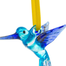 Load image into Gallery viewer, Handblown Recycled Glass Hummingbird Ornament in Sapphire - Sapphire Paradise Hummingbird | NOVICA
